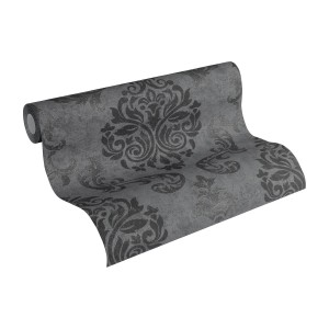 Rolle PROFHOME Barock Tapete in Anthrazit/Grau mit Metallic-Effekt und Ornament-Muster.