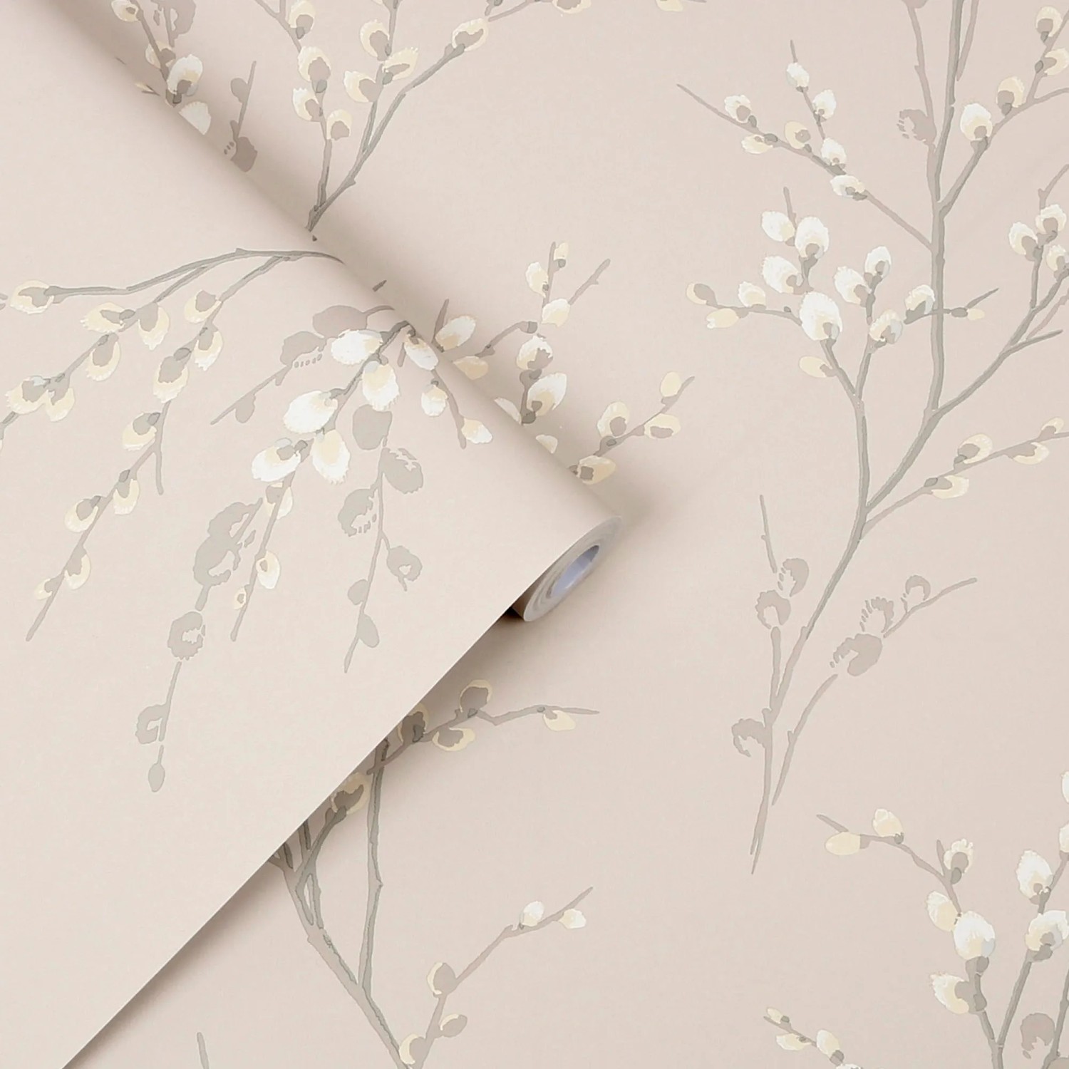 Laura Ashley Vliestapete Pussy Willow Dove Grey mit Weidenkätzchen-Muster.