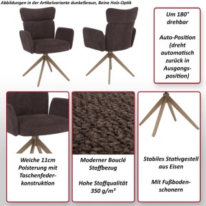 Dunkelbrauner drehbarer Esszimmerstuhl mit Bouclé-Stoffbezug, Auto-Return, weicher Polsterung und Metall-Stativgestell.