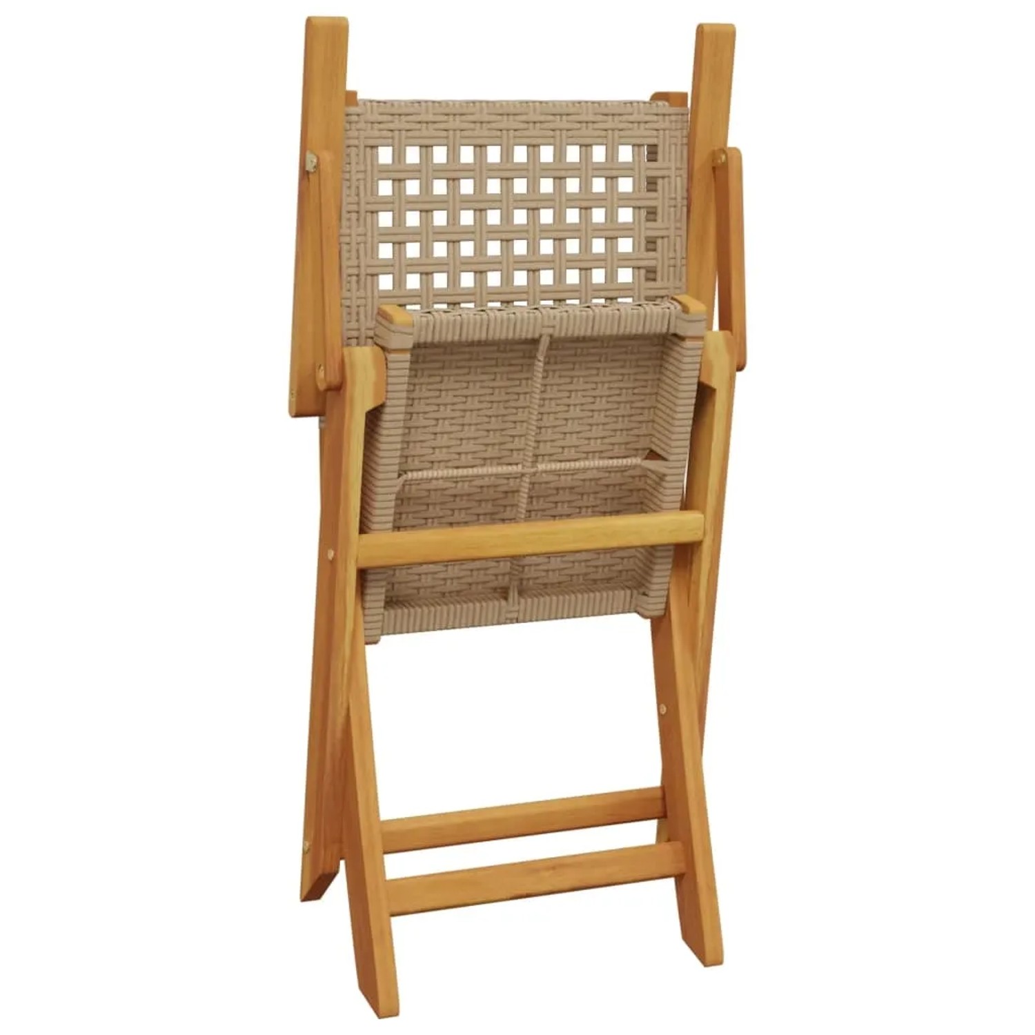 Zusammengeklappter Gartenstuhl der 5-tlg. vidaXL Essgruppe, beige Poly Rattan mit Akazienholz.