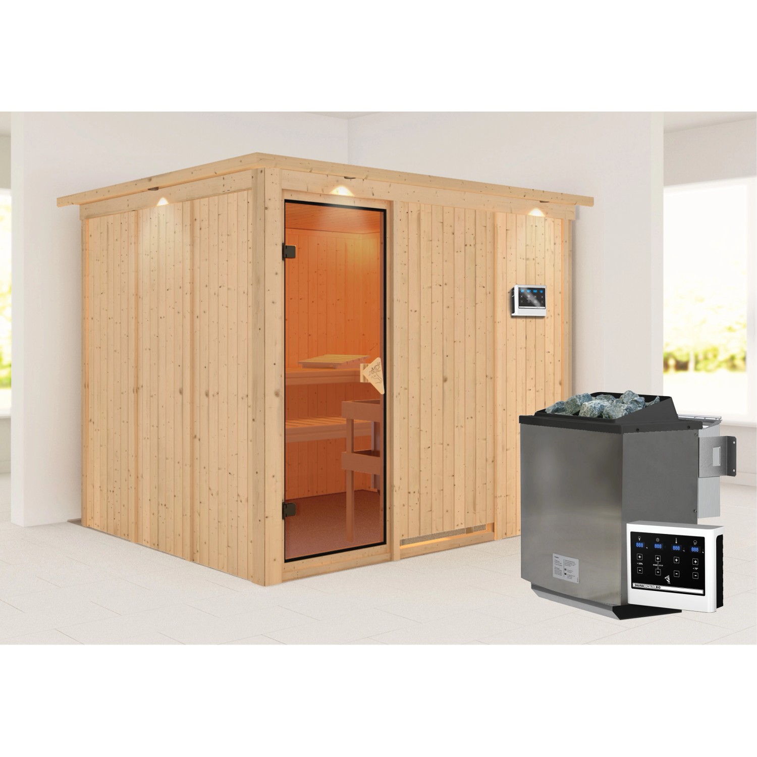 Karibu Sauna Gunda mit Bio-Ofen externe Stg.LED-Dachkranz Natur