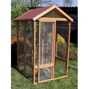 Große Promadino Voliere XXL aus Holz mit rotem Dach und Sitzstangen für Vögel.