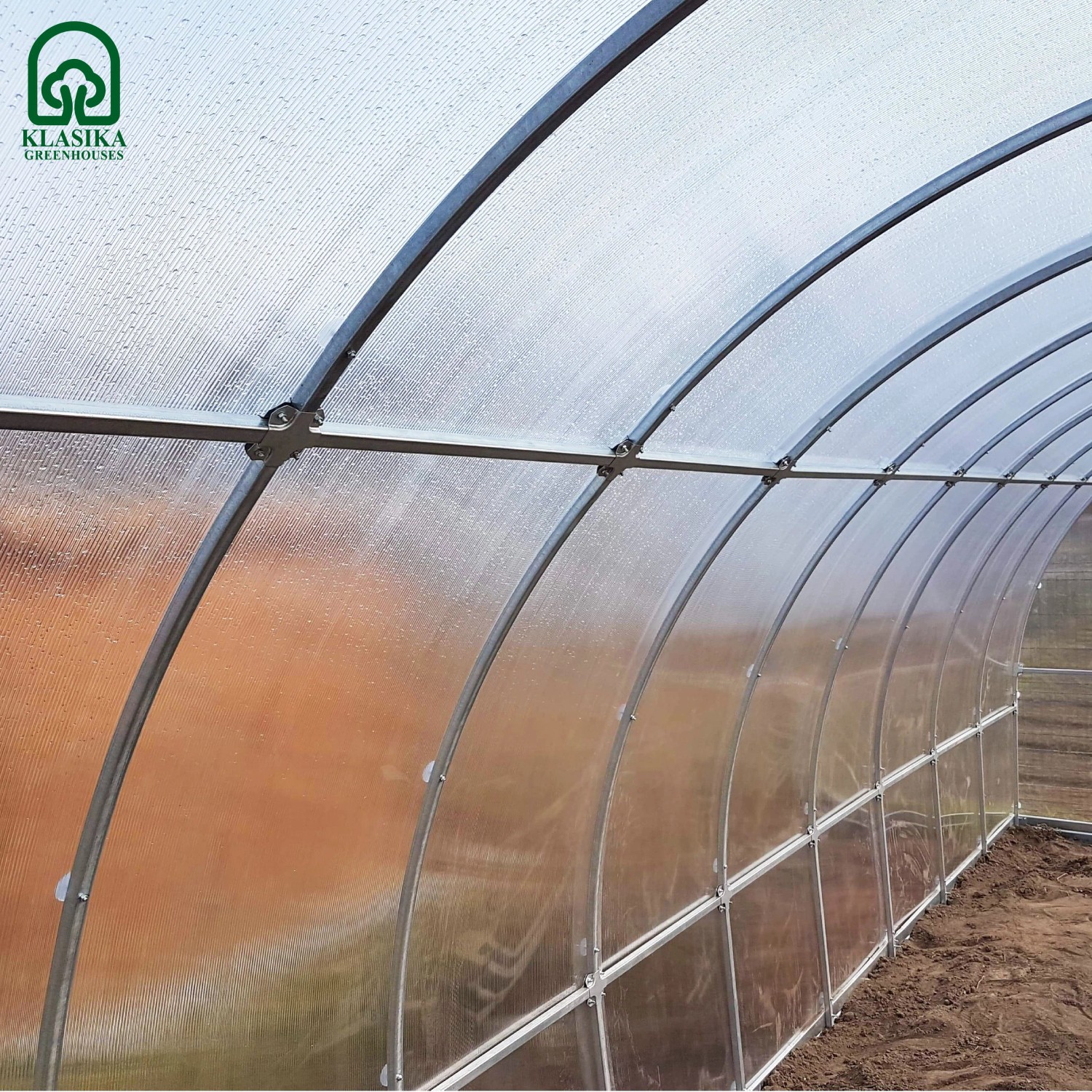 Innenansicht Klasika Greenhouses Tube Gewächshaus 18m² mit Polycarbonatabdeckung.