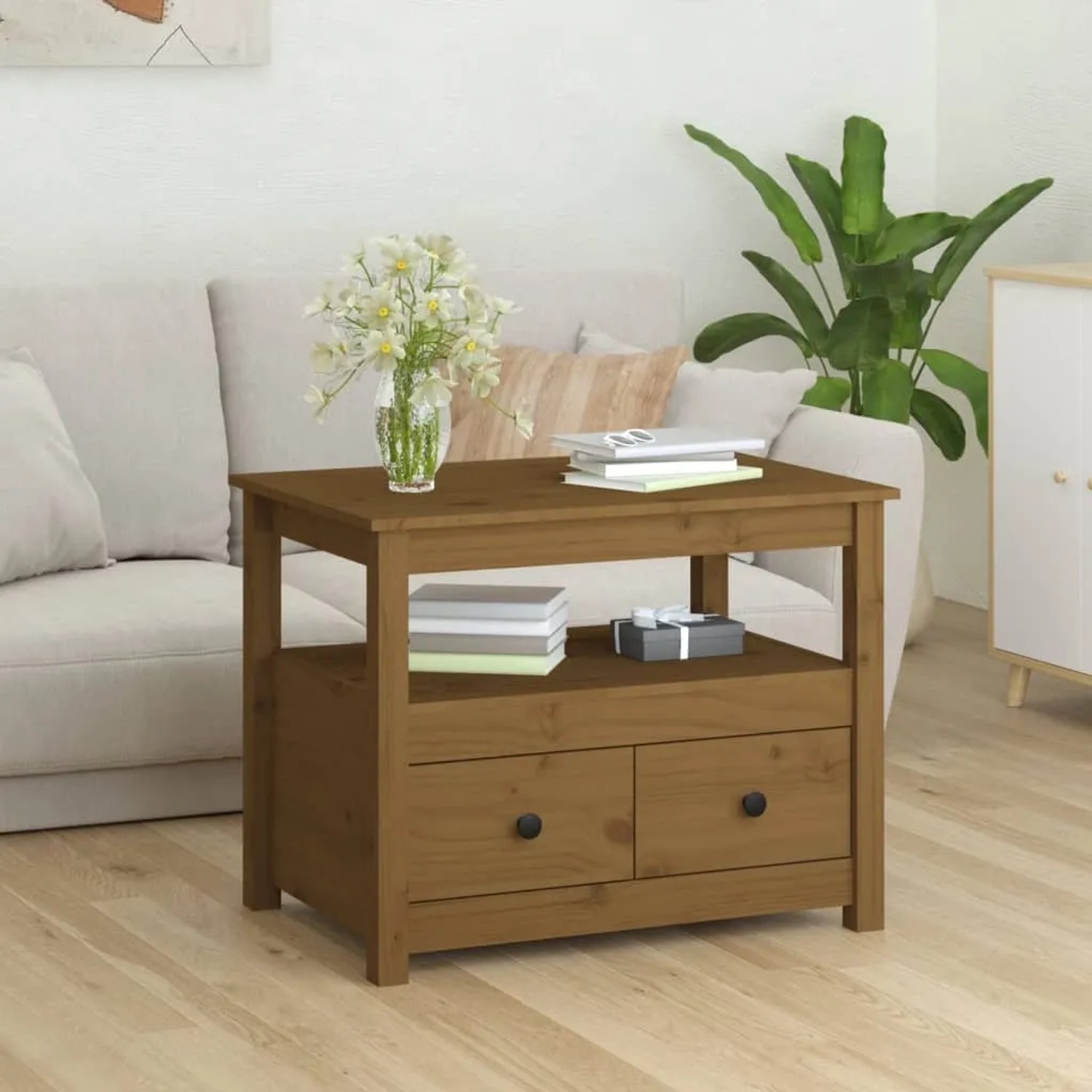 Honigbrauner Couchtisch aus Kiefernholz mit 2 Schubladen und Ablagefläche. Vielseitiger Tisch für Wohnzimmer.