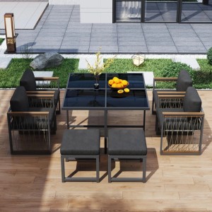 okwish Gartenmöbel Lounge mit Tisch aus Gehärtetem Glas und Handläufe aus Kunststoff und Holz Schwarz