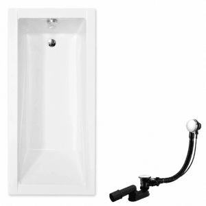 Weiße rechteckige Acryl-Badewanne 160x70 cm mit integriertem Ablauf und separatem Siphon-Set.