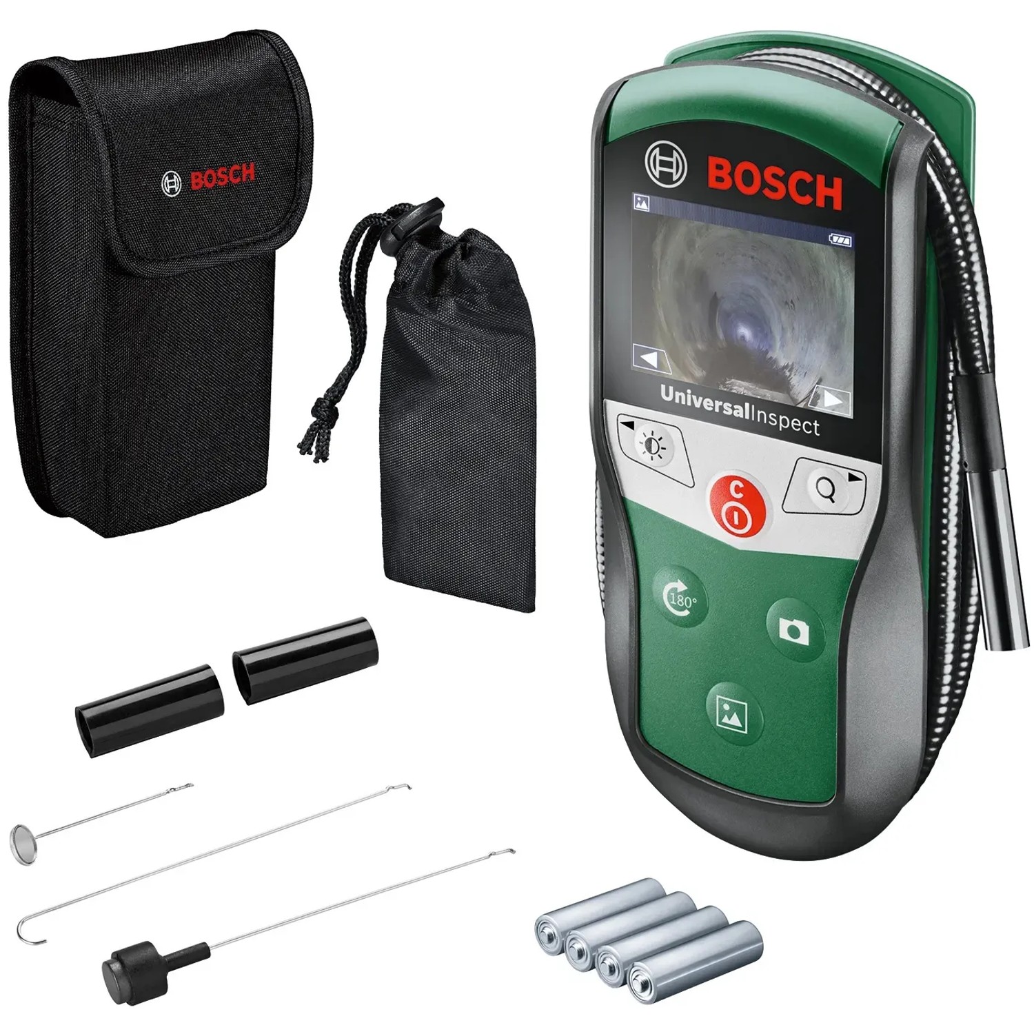 Bosch UniversalInspect Inspektionskamera mit Zubehör und Tasche.