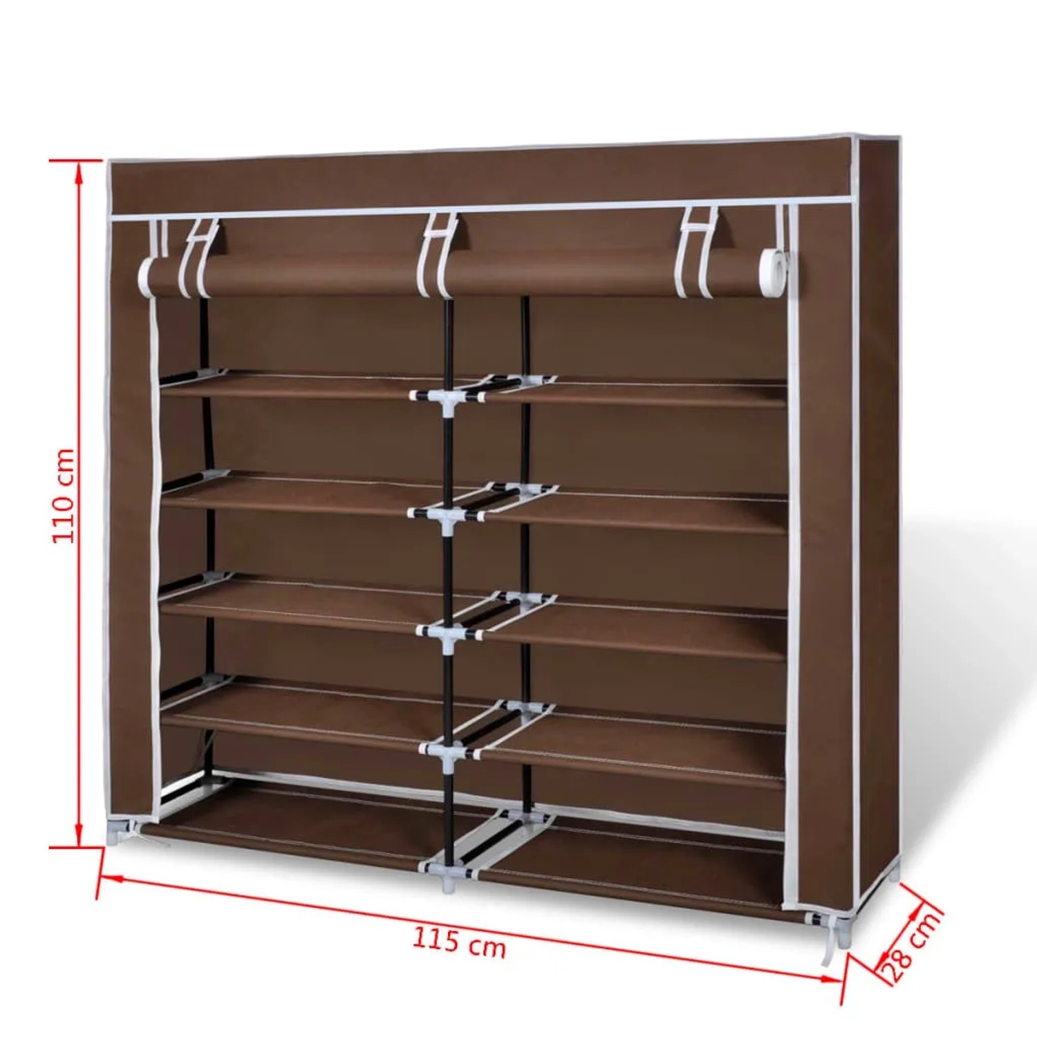 Brauner vidaXL Stoff Schuhschrank mit aufgerollter Abdeckung. 10 Fächer, 115x28x110 cm. Praktische Schuhkommode.