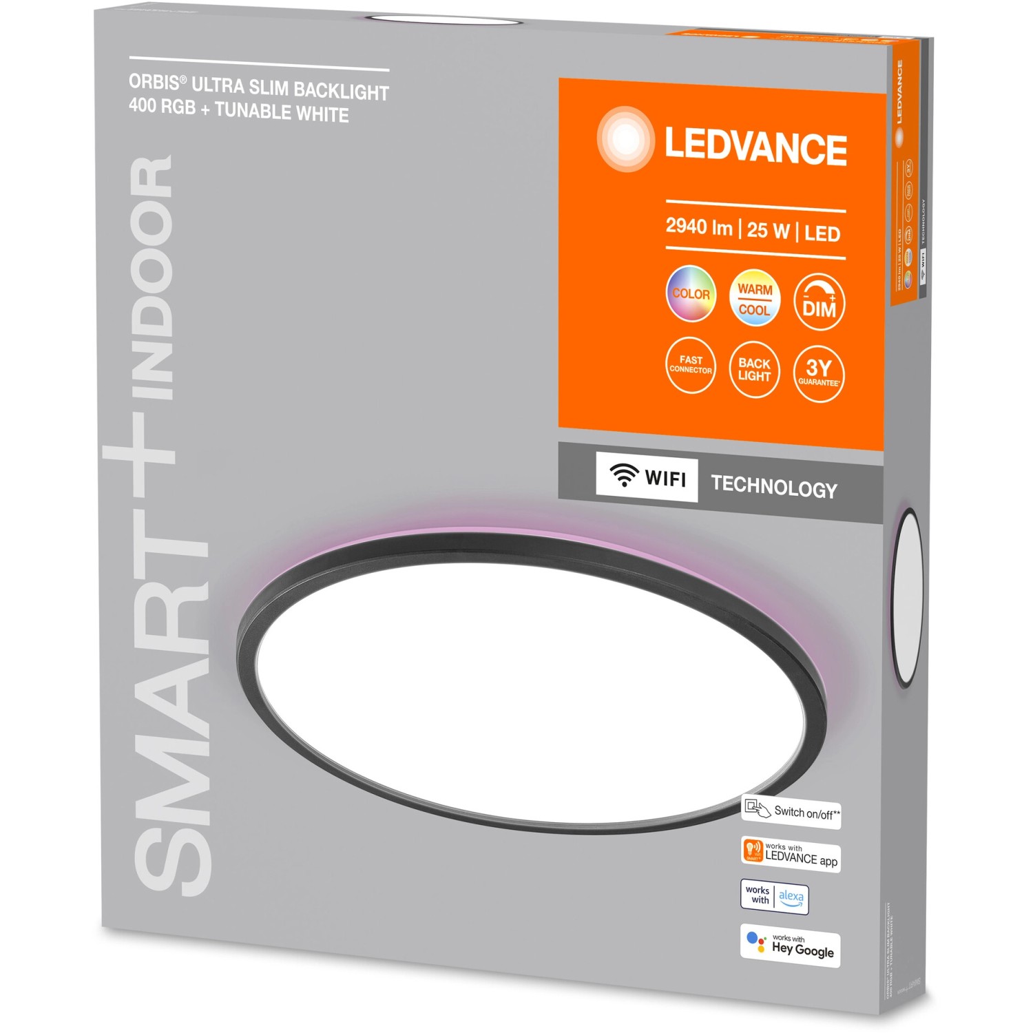 Verpackung der Ledvance Smart+ LED-Deckenleuchte Orbis Ultra Slim mit Rücklicht, schwarz, Ø 40 cm.