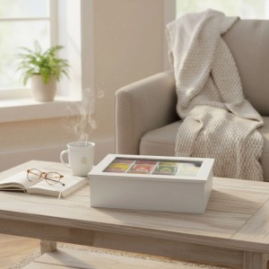 Weiße Relaxdays Teebox aus Bambus mit 12 Fächern und Sichtfenster auf Tisch.