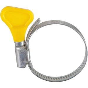 Sera Schlauchschelle mit gelber Flügelschraube für 32-50 mm Teichschläuche.