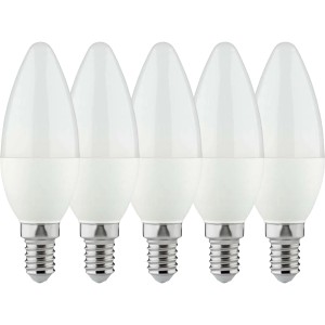 Fünf E14 LED Leuchtmittel in Kerzenform, 4,5W, warmweißes Licht.