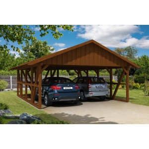 Skan Holz Carport Schwarzwald in Nussbraun mit Dachschalung und Abstellraum für zwei Autos.