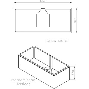 Technische Zeichnung Ottofond Wannenträger Rosa 200x90 cm, Draufsicht und isometrische Ansicht mit Maßen.
