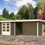 Karibu Holz-Gartenhaus Boras, terragrau, mit Flachdach und Anbau. Gartenhaus aus lackiertem Holz.