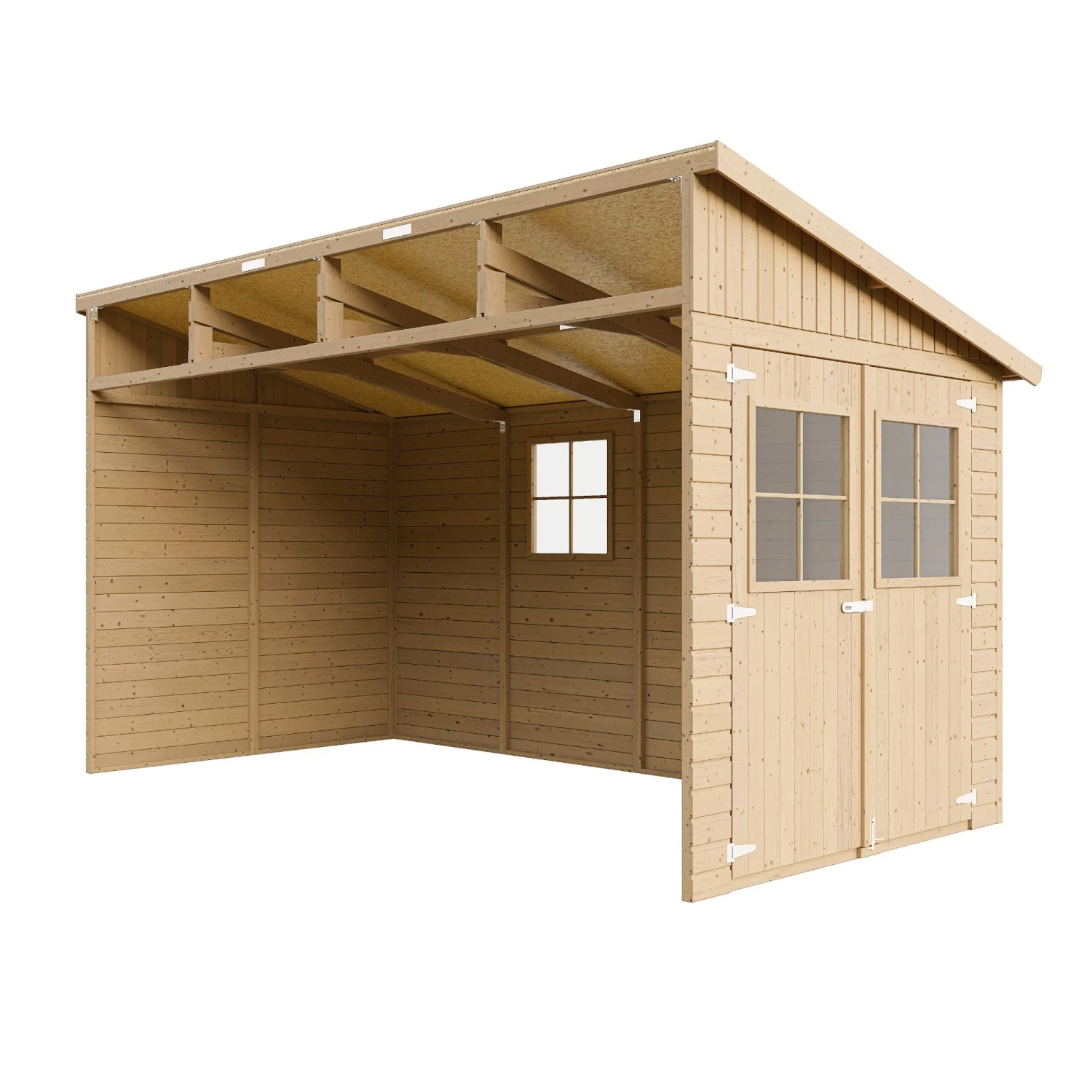 Timbela Anbau-Gartenhaus M340, 8 m², Holz, ohne Seitenwand und Boden. Mit Doppeltür und Fenster.