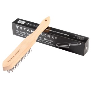 STAHLWERK Edelstahl-Drahtbürste mit Holzgriff und 4 Reihen Borsten.