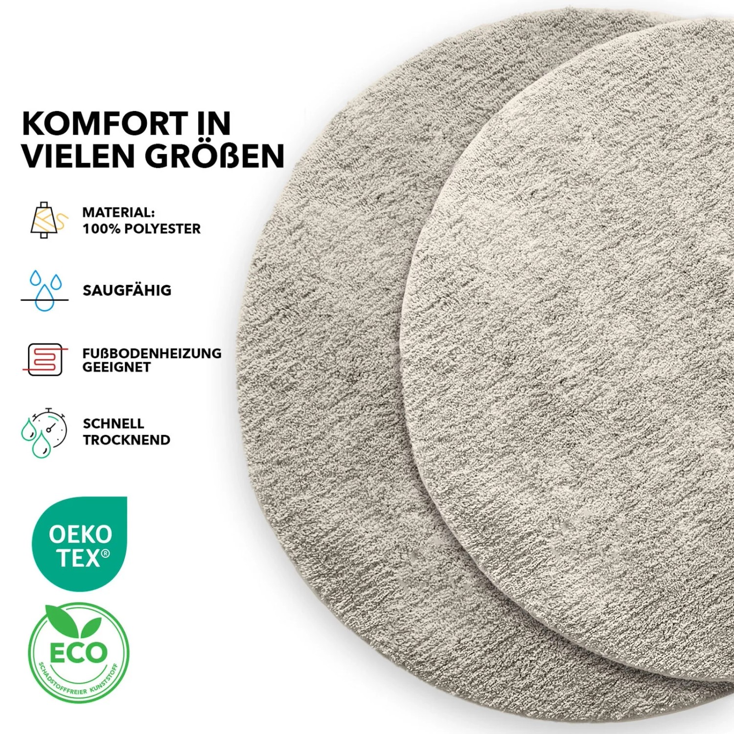 Runde, flauschige, ivoryfarbene KARAT Badematte SKY (Ø 95cm).