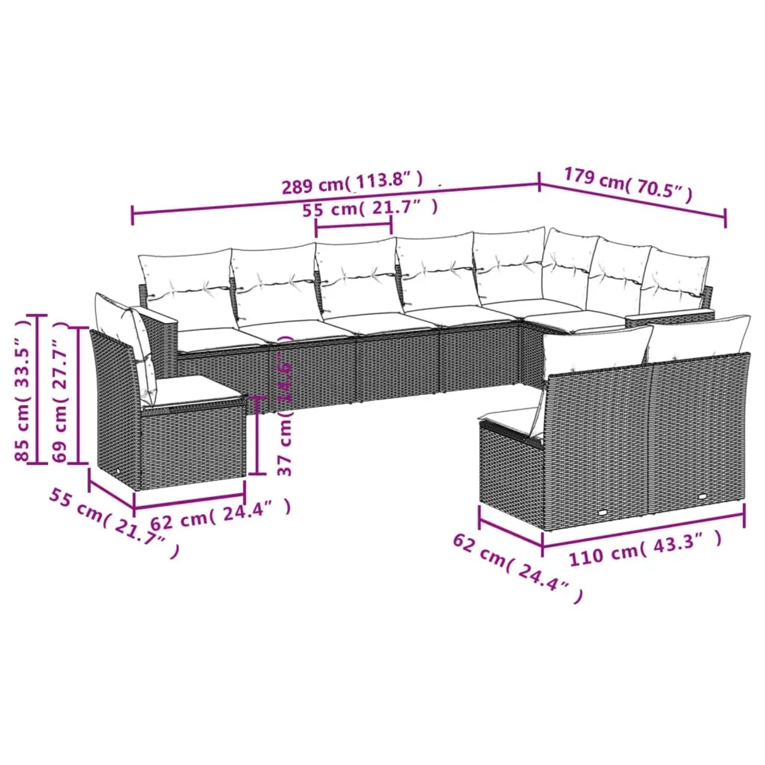 vidaXL 10-tlg. Garten-Sofagarnitur aus Poly Rattan, schwarz, mit Maßen. Gartenmöbel für Terrasse und Garten.