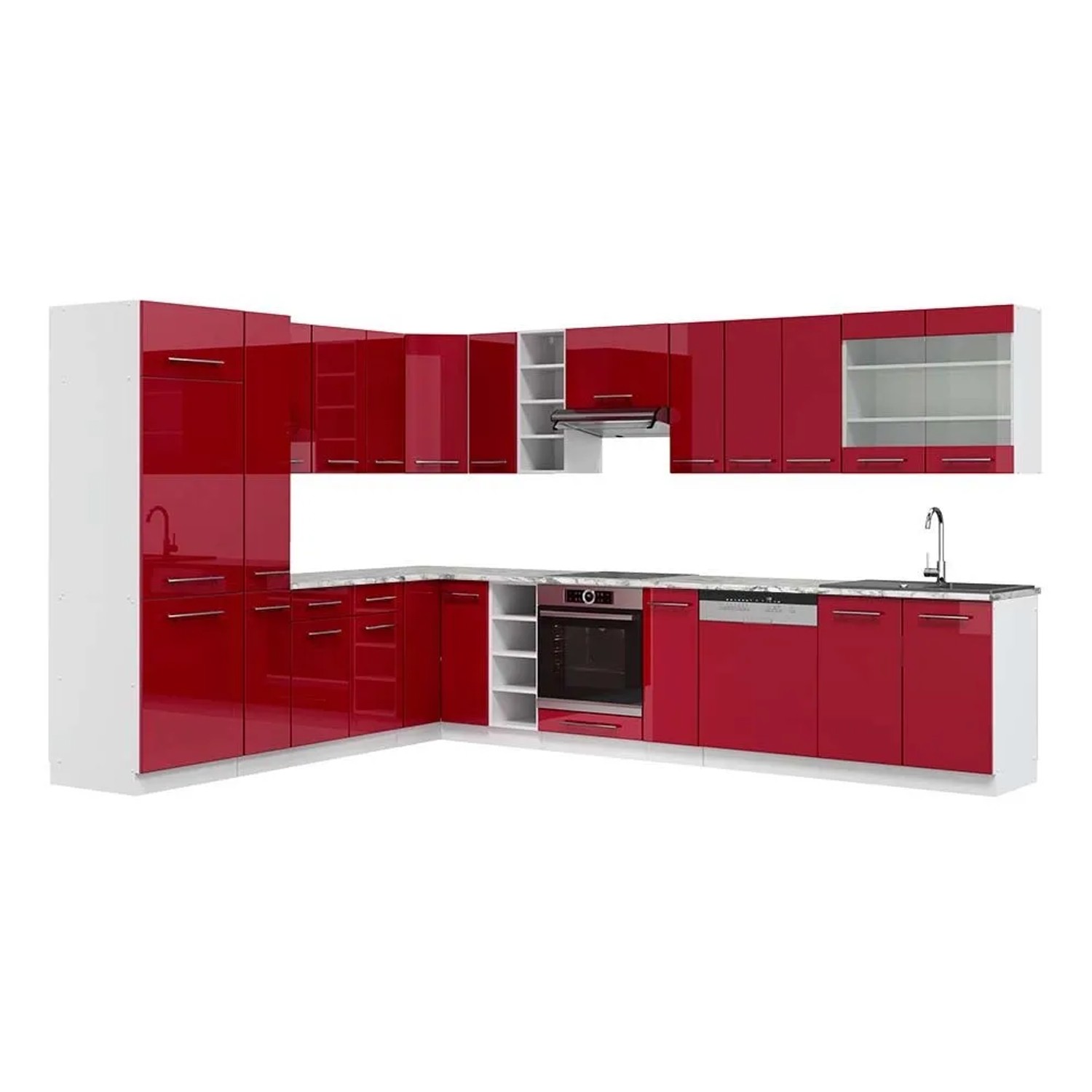 Vicco Eckküche Fame-Line Bordeaux Hochglanz/Weiß 347 x 82, AP Marmor