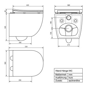 Technische Zeichnung: ECD Germany Hänge WC, spülrandlos, mit Maßen.