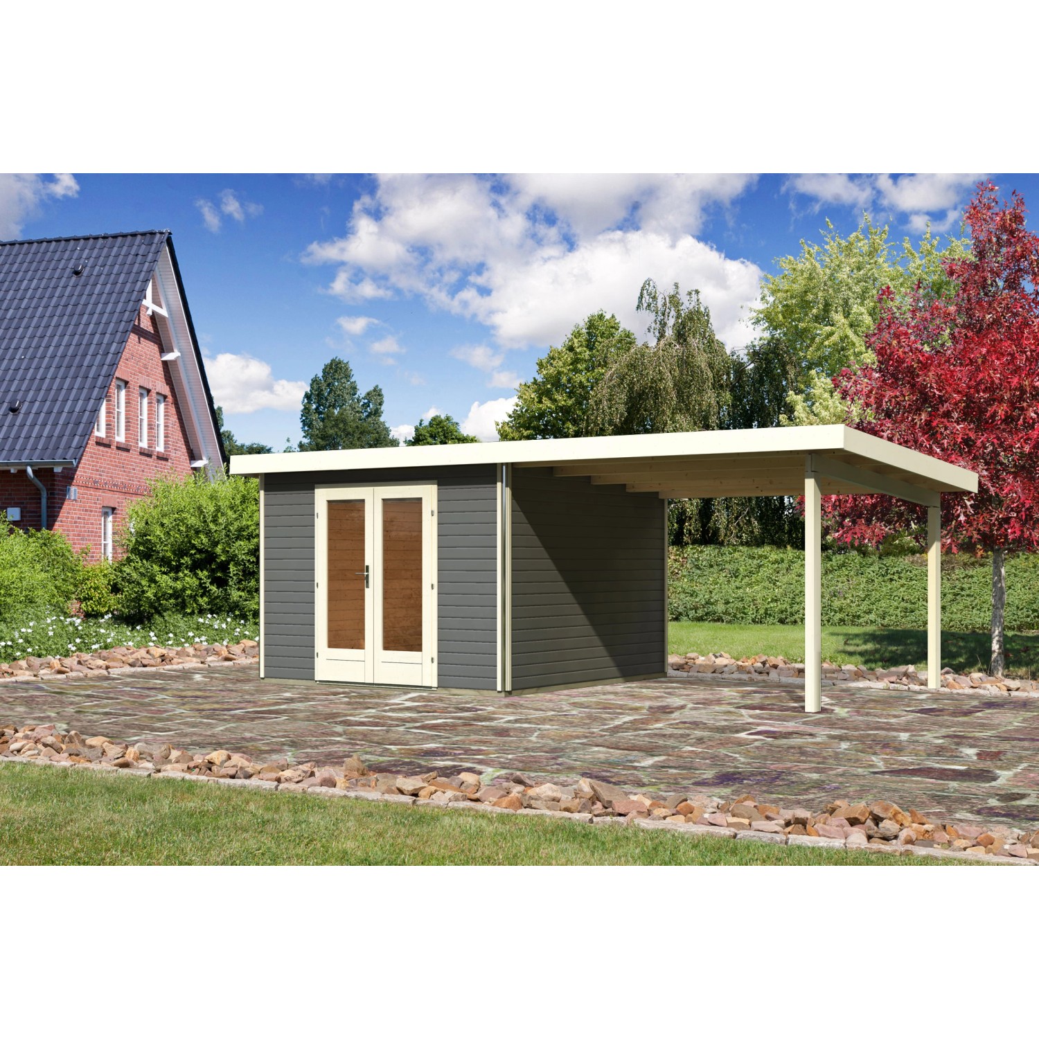 Karibu Holz-Gartenhaus Norrköping Terragrau Pultdach Lackiert 305 cm x 305 günstig online kaufen