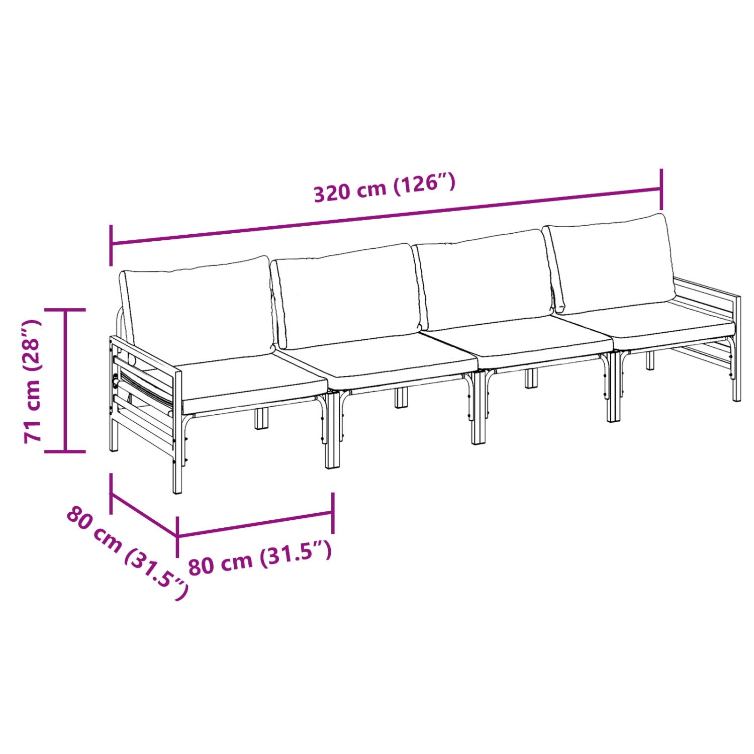 vidaXL Garten-Sofa-Set, 4-teilig, anthrazitfarben, Stahl, mit Maßangaben.