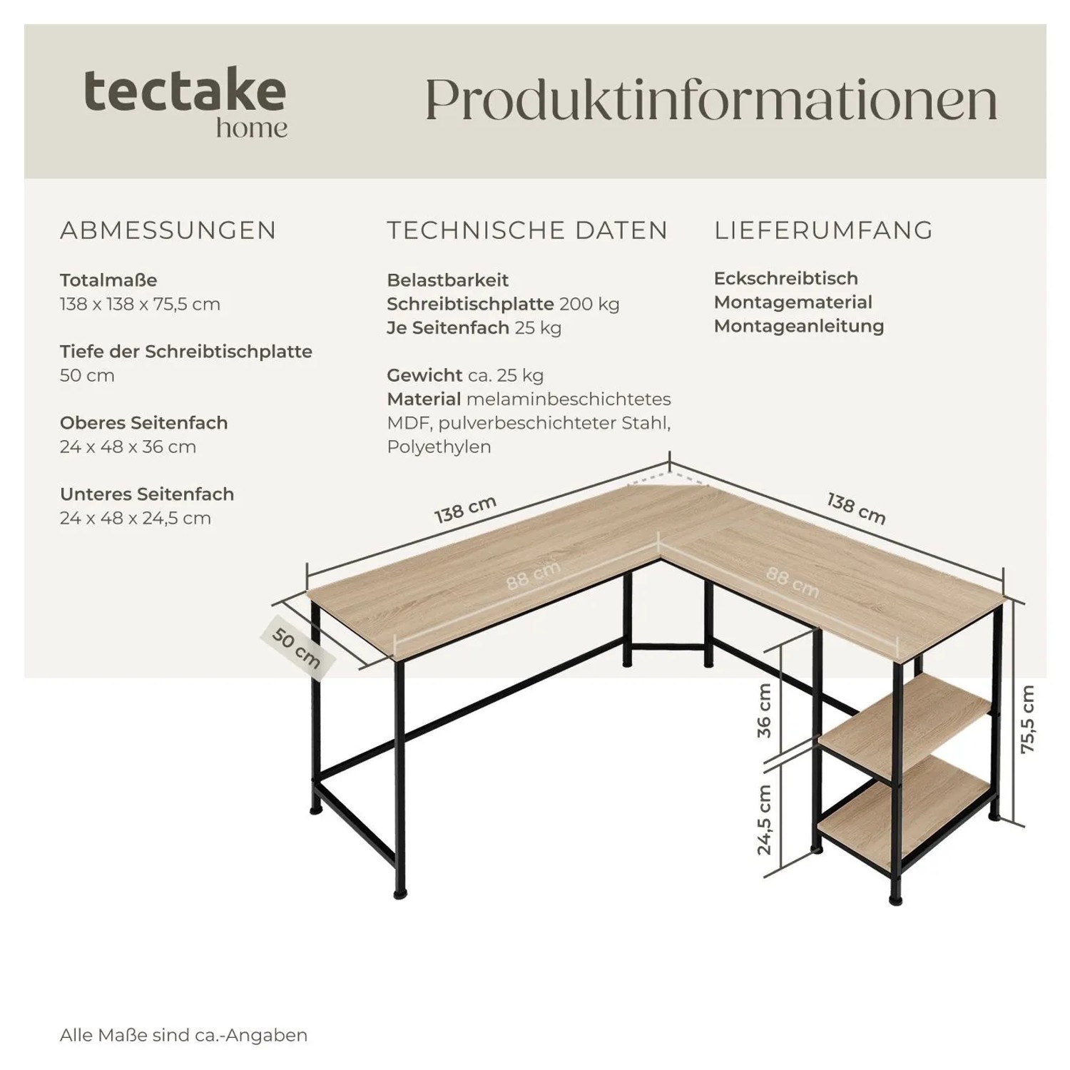 Eckschreibtisch Hamilton im Industrial Style mit Holz- und Stahlgestell, Eiche Sonoma Dekor.