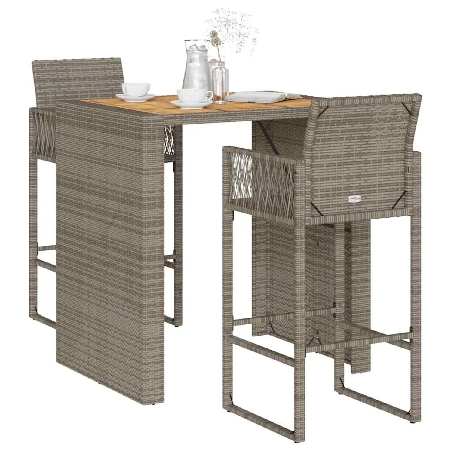 vidaXL 3-tlg. Gartenbar-Set aus grauem Rattan mit Akazienholz-Tischplatte. Perfekt für den Garten.