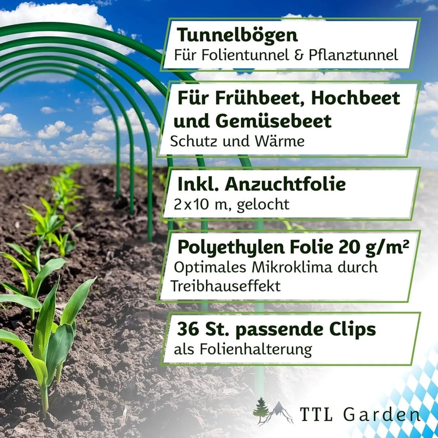 TTL GARDEN Pflanztunnel Set: 12 Bögen, 36 Clips, PE Folie 10x2m, für Frühbeet, Gemüsebeet und Hochbeet.