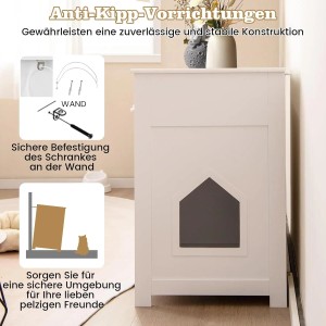 Weißer Costway Katzenschrank mit Kippschutz. Zeigt Wandbefestigung für sichere Stabilität des Katzenklo-Verstecks.