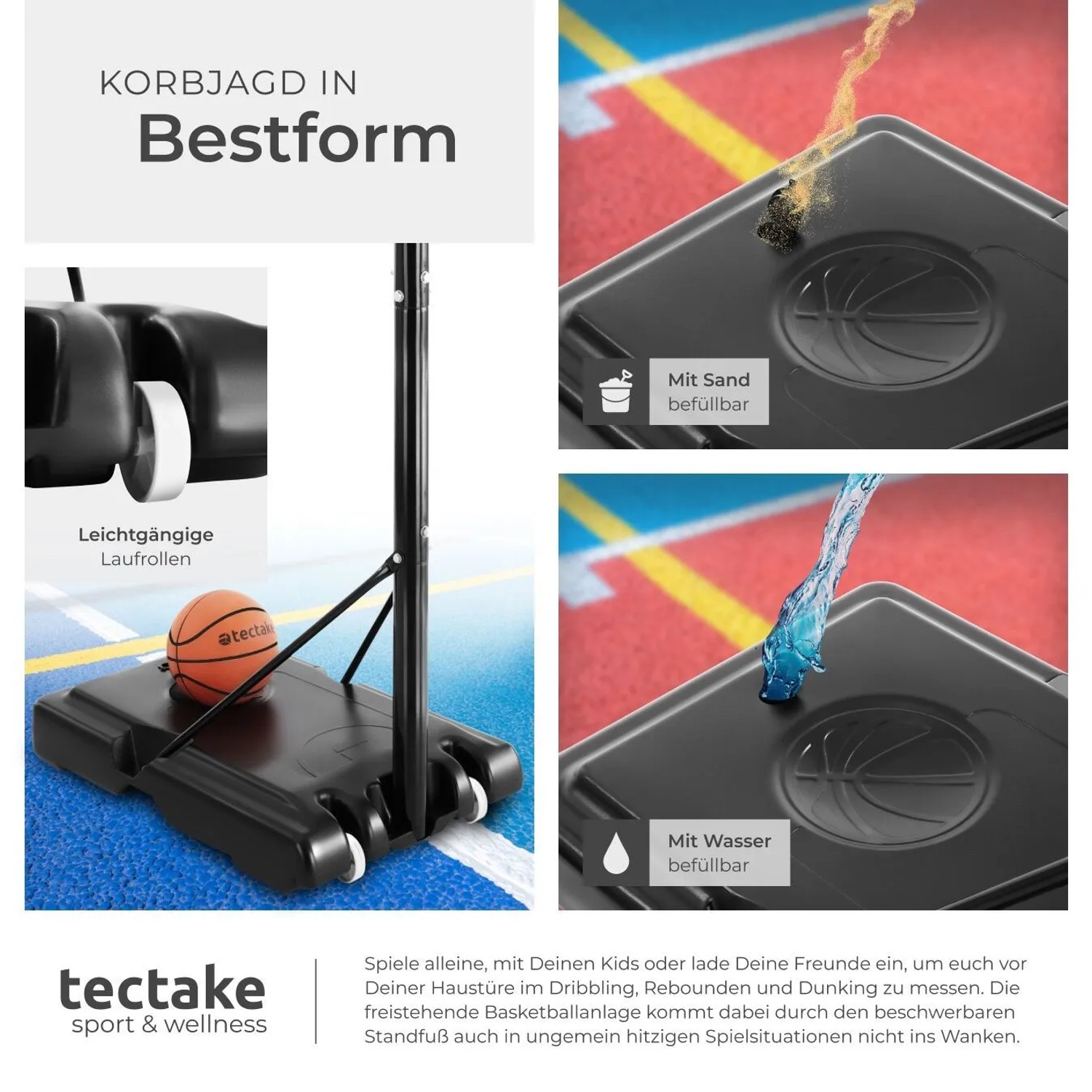 Freistehender Tectake Basketballkorb Dirk Outdoor mit Rollen, höhenverstellbar und befüllbarem Standfuß.