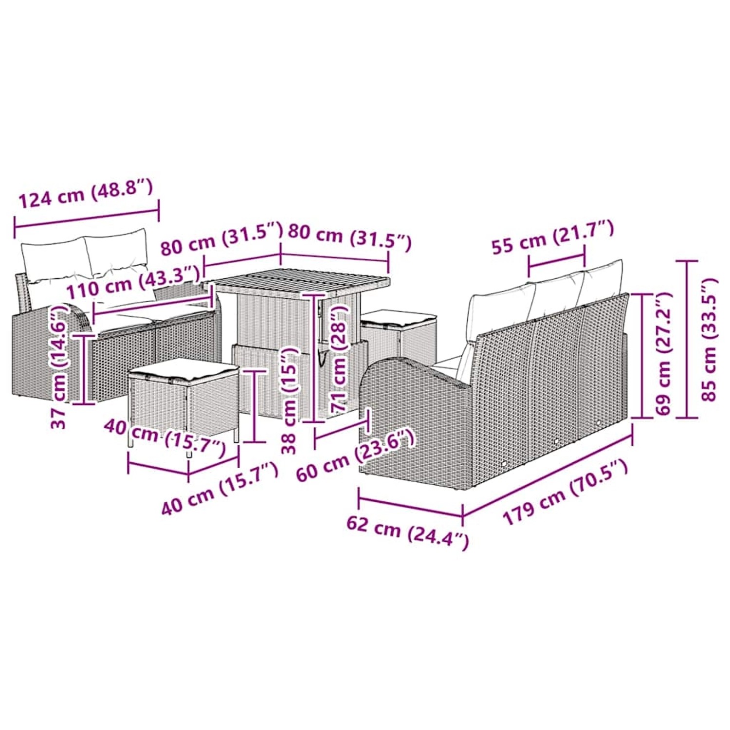 vidaXL Garten-Sofa-Set, 8-teilig, schwarz, Poly Rattan, mit Maßen. Ideal für Terrasse und Garten.