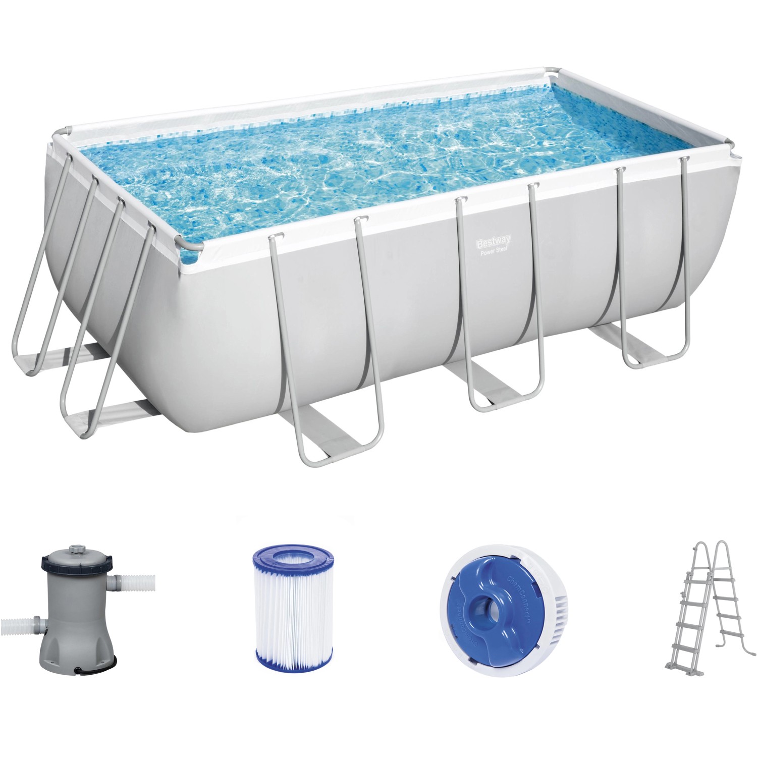 Bestway Frame Pool-Set Power Steel, 412x201x122 cm, lichtgrau, mit Filterpumpe und Leiter.