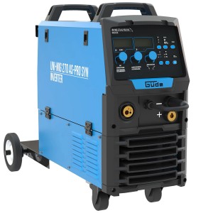 Güde Uni-Mig 270 AS-Pro SYN Universalschweißgerät mit Digitaldisplay und Zubehör.