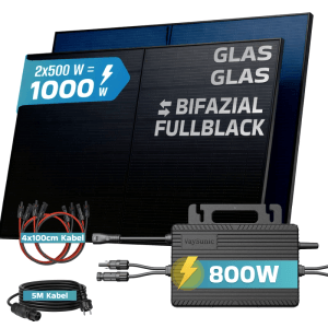 SUNNIVA Balkonkraftwerk 1000W mit Wechselrichter, bifaziale Fullblack Glas-Glas Solarmodule und Kabel.