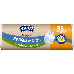 Swirl Tragegriff-Müllbeutel, 35L, 15 Stück, reißfest und dicht, aus 100% recyceltem Plastik.