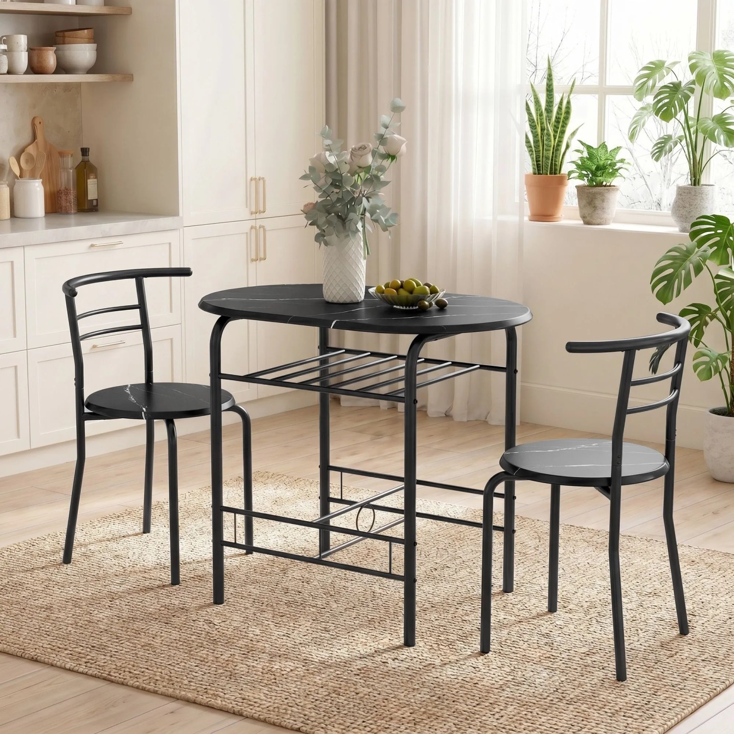Schwarze HOMCOM Essgruppe mit ovalem Tisch in Marmor-Optik, Metallgestell und zwei Stühlen. Integriertes Ablagefach.
