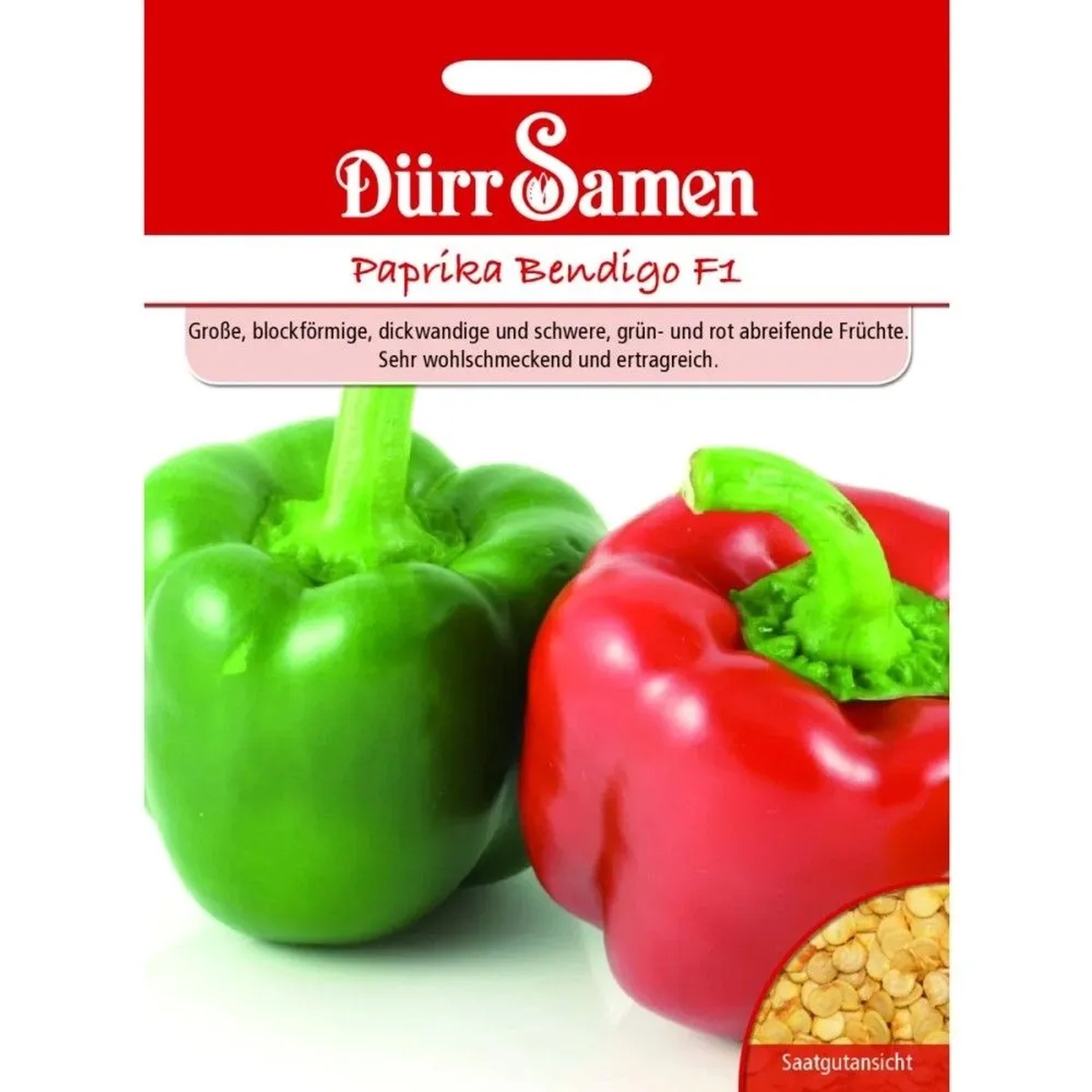 Dürr Samen Paprika Bendigo F1 Saatgutpackung mit grüner und roter Blockpaprika, Samenansicht.