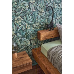 Grüne Marburg Vliestapete Botanica Floral mit tropischem Blätter-Motiv im Schlafzimmer.