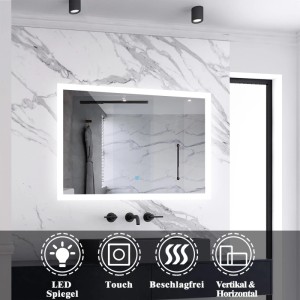 Rechteckiger Aica Sanitär Badspiegel 120x70 cm mit LED-Beleuchtung und Touch-Funktion.