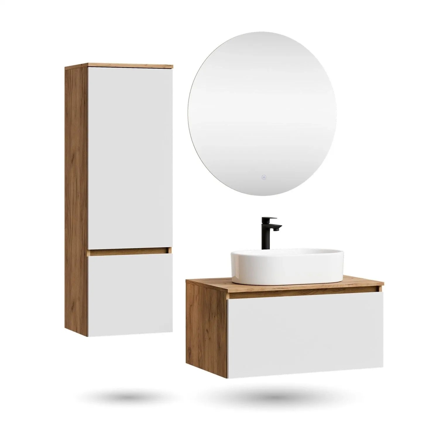 Planetmöbel ARISA Badmöbel Set 80 cm Weiß mit Hochschrank NOVA LED Spiegel und Weißem Keramik Aufsatzwaschbecken 55 cm Soft Close