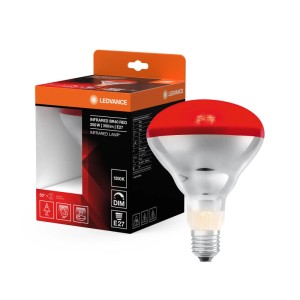 Rotes Infrarot-Leuchtmittel BR40 250W E27 mit silbernem Reflektor und Verpackung. Dimmbare Speziallampe.