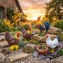 Bunte Gartenfiguren: Hahn, Hennen und Küken aus Polyresin auf Steinen im Garten bei Sonnenuntergang. Ländliche Dekoration.
