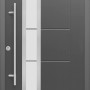 Anthrazitfarbene Sicherheits-Haustür mit Glaseinsatz, Edelstahlgriff und horizontalen Zierlinien.