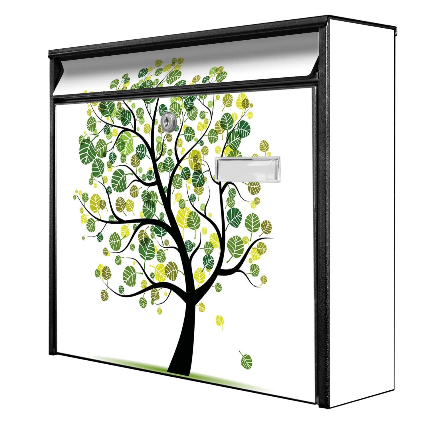 Banjado Briefkasten Schwarz 36.2x32.2x10cm Groß / Inkl. Montagematerial & 2 Schlüsseln / Mit Namensschild Motiv Wt Laubzauberbaum