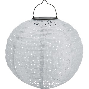 Weiße Solar-Dekoleuchte Pellaro in Lampion-Form, Ø 25 cm, mit Tragegriff.