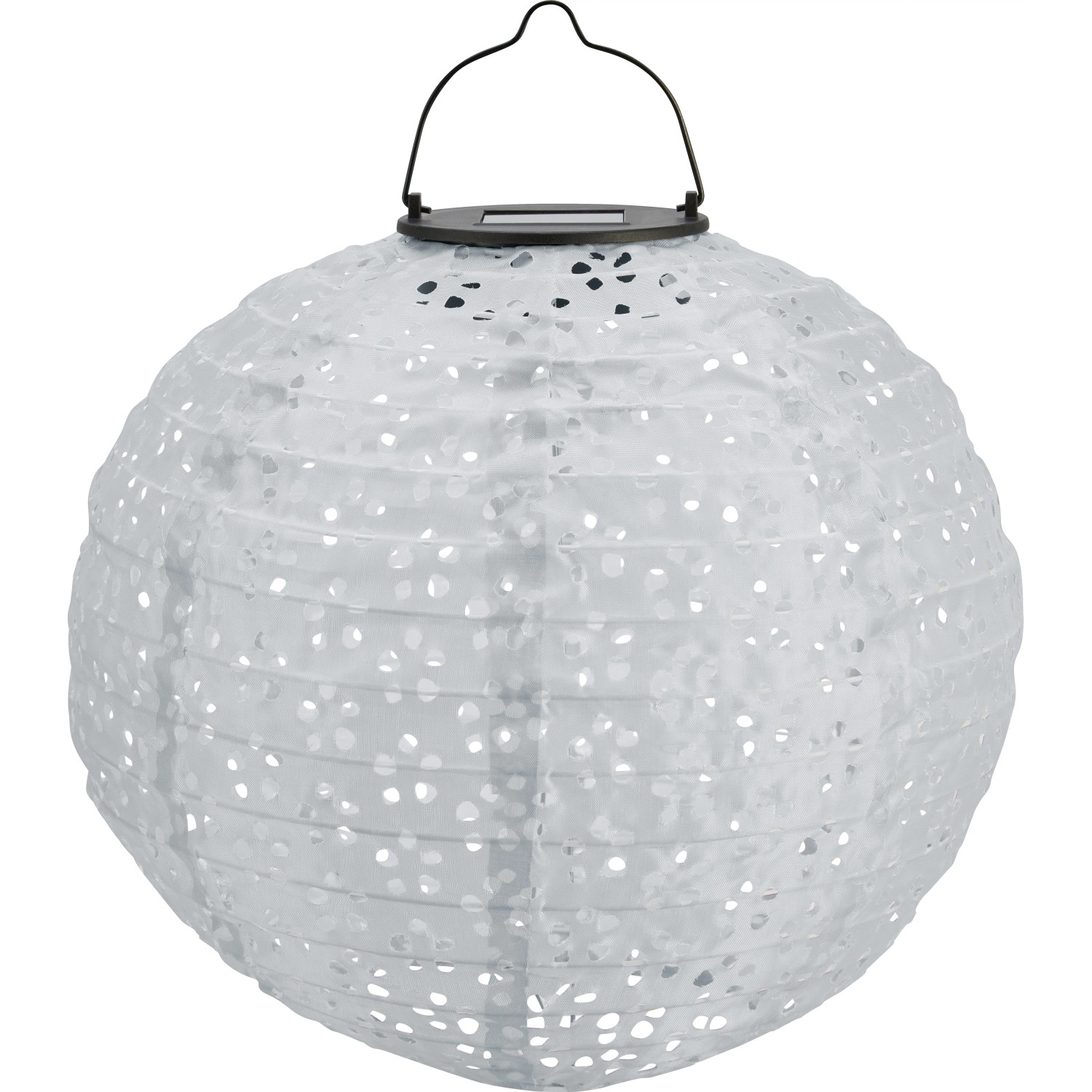 Weiße Solar-Dekoleuchte Pellaro in Lampion-Form, Ø 25 cm, mit Tragegriff.