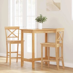 Zwei vidaXL Barhocker aus Natur Massivholz Gummibaum mit X-Rückenlehne, neben passendem Bartisch.