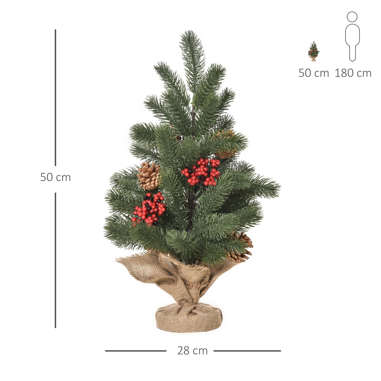 HOMCOM Mini-Weihnachtsbaum, 50 cm, mit roten Beeren und Jute-Fuß, ideal als Tischdeko.